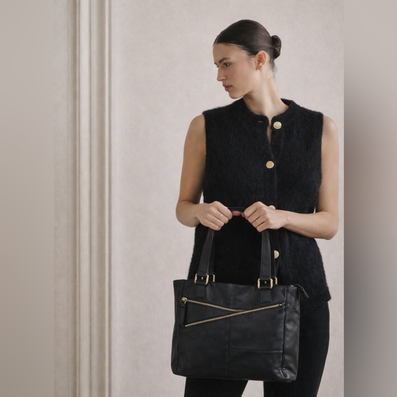 Great American Leatherworks Handbags - Leather Zip Detail Tote Black & Gold